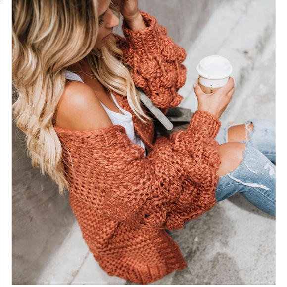 NWT Popcorn Sleeve Rust Handmade Cardigan - Picture 4 of 8